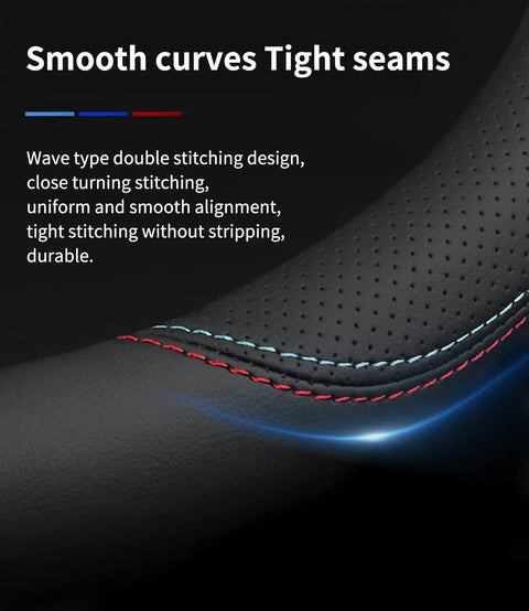 Close-up of Roll Smooth Premium Leather Steering Wheel Cover Custom Fit For GMC Models Featuring Dope Red Blue Contrast Stitching.