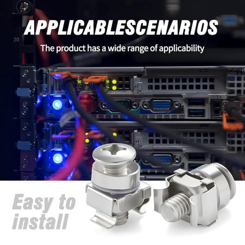 Heavy Duty Rack Mount Cage Nuts and M6 X 16mm Thumb Screws Kit With 304 Stainless Steel showcased among server equipment.