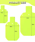 Three neon yellow steel gong targets shown. Sizes: 7x12, 10x16, and 12x20 inches. Product focus: Neon Yellow 12 By 20 Inch Steel Gong Target For Pistol And Rifle Training, One Half Inch Thick AR500 Steel With Laser Cut Edges, Weatherproof And Heavy Duty, High Visibility Silhouette For Fast Hit Feedback.