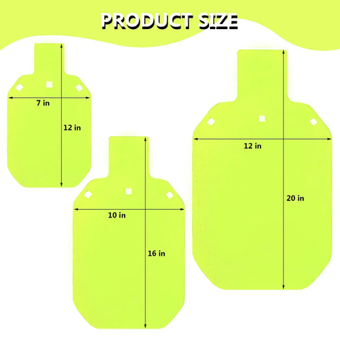 Three neon yellow steel gong targets shown. Sizes: 7x12, 10x16, and 12x20 inches. Product focus: Neon Yellow 12 By 20 Inch Steel Gong Target For Pistol And Rifle Training, One Half Inch Thick AR500 Steel With Laser Cut Edges, Weatherproof And Heavy Duty, High Visibility Silhouette For Fast Hit Feedback.