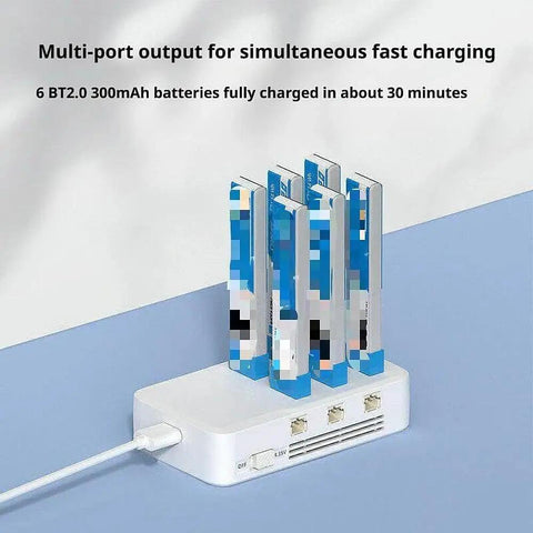 Six-Port 1S Battery Charger for FPV Drones, 30W Fast Charge Station shown with multiple batteries charging