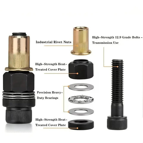 7 Mandrel Carbon Steel Rivet Nut Tool Kit For Drill Heavy Duty Fastening Set With 210 Press In Nuts High Torque Control Forged GCR15 Nosepieces And 12 9 Grade Alloy Mandrel For Smooth Installations And Reduced Thread Stripping. Rivet nuts and mandrels shown