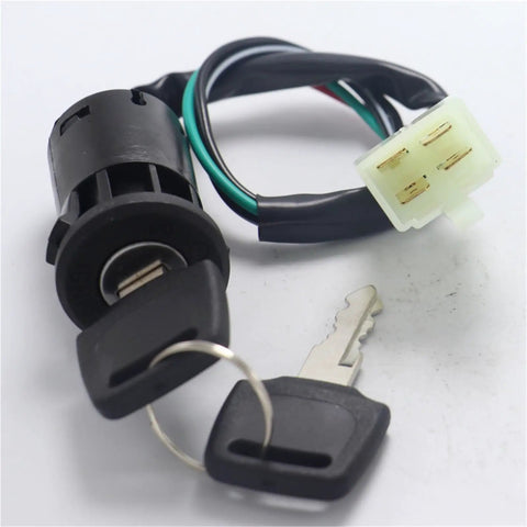 Motorcycle Ignition Key Switch With 4 Pin Plug For 50cc To 250cc Dirt Bikes And ATVs shown with keys and wiring
