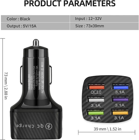 Multiport Car Charger Adapter With QC 3.0 Fast Plug Hub And Universal USB Power, black, compact size with six USB ports.