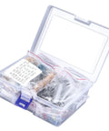 Clear box containing Massive 1500 Piece Electronics Component Kit With Resistors Transistors Ceramic And Electrolytic Capacitors