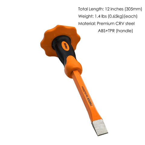 Beefy 12-Inch Flat Chisel With Bi-Material Hand Guard For Demolishing Masonry Carving And Concrete Breaker Jobs, Heat Treated CRV Steel