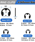 Image showing four different sizes of e-ring clips from the Pro Grade E Clip Snap Ring Kit With Removal And Installation Tool Four Size Set 6 mm 7 mm 8 mm 9 mm Includes 40 Retaining Rings For Bearing Fixation Easy Install And Removal Perfect For DIY And Shop Projects.