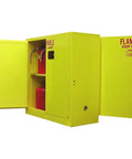 Top Shelf Double Access Flammable Storage Cabinet With Smart Self Locking Doors Dual Pass Through For Workshop Or Lab Built Tough To Handle The Daily Grind Osha Approved Heavy Duty Yellow Bin with opened doors revealing red tanks.