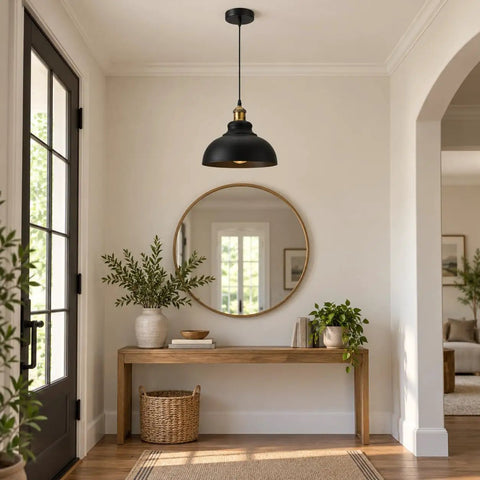 Black Industrial Metal Pendant Light, E26 Curvy Adjustable Ceiling Fixture hanging in a bright entryway.