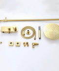 Wall Mounted Exposed Shower System Brushed Gold 3 in 1 parts including rainfall showerhead, hose, and faucet controls.