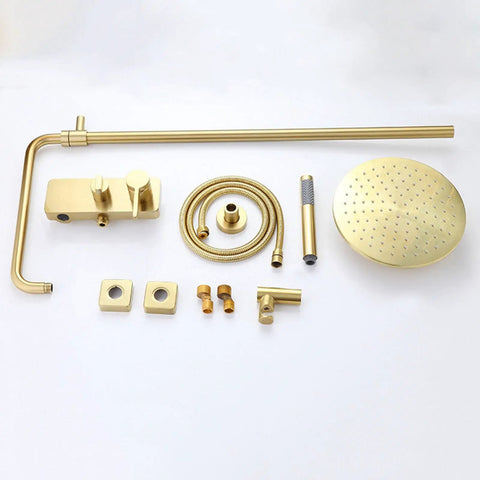 Wall Mounted Exposed Shower System Brushed Gold 3 in 1 parts including rainfall showerhead, hose, and faucet controls.