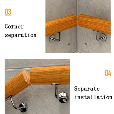 Top Shelf Wooden Stair Railing With Super Grippy Non Slip Finish And Rock Solid Wall Mounts For Indoor Outdoor Safety Dependable 19 Foot Handrail showing corner separation and installation details.
