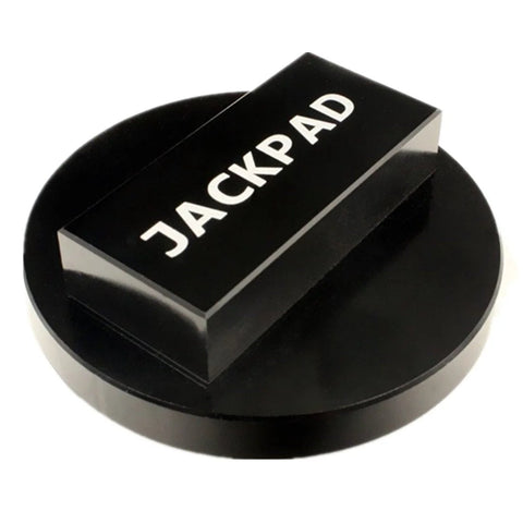 Jack pad adapter in black anodized finish with round base and rectangular top labeled JACKPAD