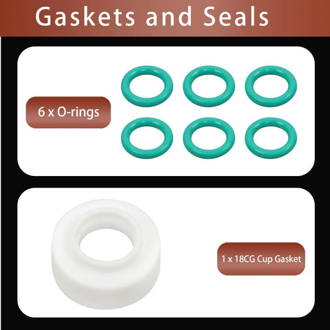 Pro TIG Welder Kit 22 Piece Set With Stubby Gas Lens And Clear Glass Cups For WP 17 18 26 showing green O-rings and white gasket