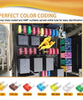 Heavy Duty Car Fuse Assortment Kit With 5A Through 30A Auto Blade Fuses For Rv And Truck Electrical Boxes showing color-coded fuses.