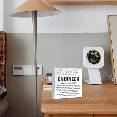 Engineer Decor Wooden Box Sign For Home Office Shelf Or Table Nerdy Yet Cool Gift with definition displayed on a desk