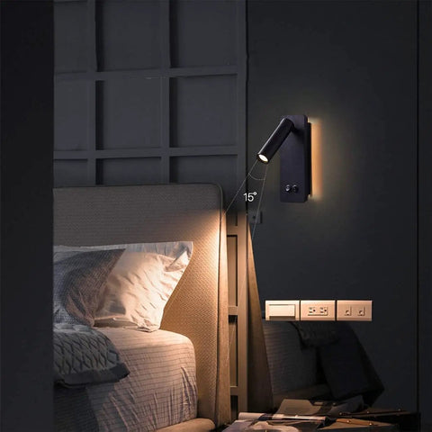 Bedroom setup with Two In One LED Wall Lamp And Reading Light Sconces for bedside use, lit with warm white 3000K lighting, black finish.