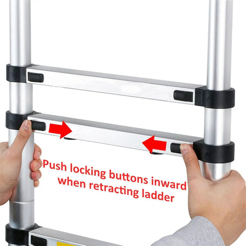 14.5Ft Aluminum Telescoping Ladder Collapsible And Retractable Extension And For Home And Outdoor Projects, Lightweight Portable Build With 330 Lbs Capacity, Grab And Go Easy Carry Handle, Anti Slip Rungs, Durable Safety Design push-button locking mechanism