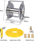 Heavy Duty Stainless Steel Hose Reel Built Like A Tank For Garden Yard And Car Wash, with brass fittings and nozzles.