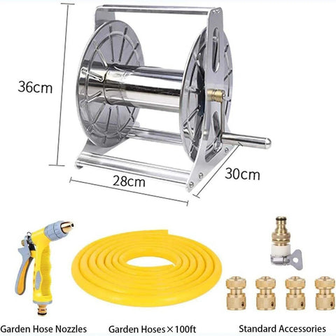 Heavy Duty Stainless Steel Hose Reel Built Like A Tank For Garden Yard And Car Wash, with brass fittings and nozzles.