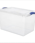 Blue 66 Quart Clear Storage Bin with Latching Lid for Easy Grip Heavy Loads Stackable Plastic Container for organizing gear.