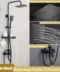 Black Rain Shower System with Handheld, Square Rainfall Head showing matte black design, stainless steel shower heads, and storage shelf.