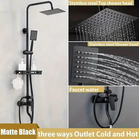 Black Rain Shower System with Handheld, Square Rainfall Head showing matte black design, stainless steel shower heads, and storage shelf.