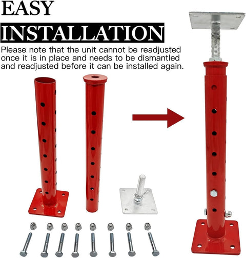 Front view of four red telescoping basement floor jacks with perforated posts, square base plates, and mounting hardware (bolts and nuts).