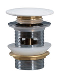 Real Deal Solid Bathtub Drain Kit With Overflow featuring a white drain plug, brass and chrome components, for easy installation.