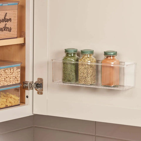 Clear Plastic Wall Mount Organizer Shelf For Kitchen Bathroom Office Bedroom Garage And Craft Room 3 By 11 By 3.25 Inches All In One Durable Storage For Spices Gadgets Meds Tools And More installed with spice jars