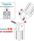 Diagram of Eight Pack Black Pivot Joint Hinges For 2020 Aluminum Extrusion Profiles With Zinc Alloy, Black Powder Coat Finish, Pre Drilled Quarter Inch Bolt Holes, Fits 2020 Series T Slot Aluminum Framing, Heavy Duty, Easy Install, showing assembly with tapping tool and screws not included.