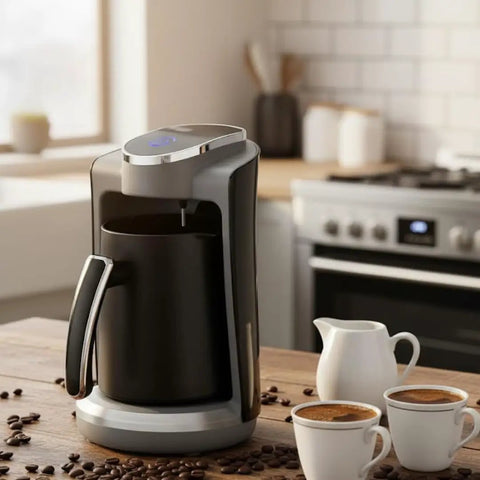 Turkish Coffee Maker 250ML Electric Pot With Boil Dry Safety Overheat Protection And Anti Overflow System on kitchen countertop
