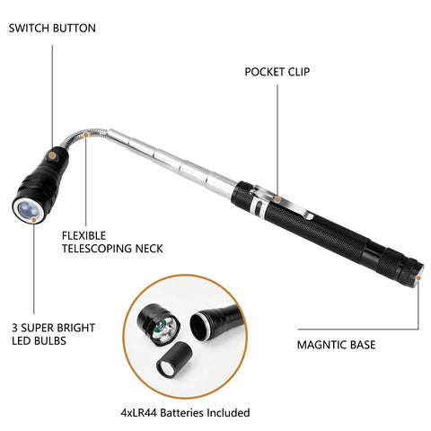 Extendable Magnetic Pickup Tool With LED Flashlight And 360 Degree Gooseneck Lighting Telescoping Magnet Grabber For Dad Husband Or Handy Man Great Father's Day Gift Christmas Gift Cool Gadget For Men Who Do It All