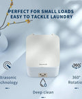Portable Ultrasonic Washing Machine Mini Underwear Washer Compact Laundry Device With USB on a table with features noted.