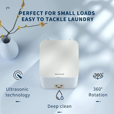 Portable Ultrasonic Washing Machine Mini Underwear Washer Compact Laundry Device With USB on a table with features noted.