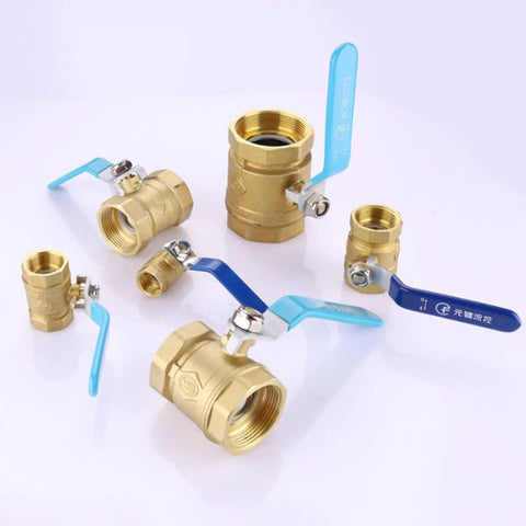 Heavy Duty Solid Brass Ball Valve With Double Internal Thread One Point Five Inch Straight Through Shut Off For Plumbing Lines with blue handles.