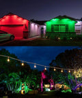RGB Outdoor Spotlight 10W LED Color Changing Landscape Lights Low Voltage 12V with illuminated house and garden scene