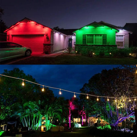 RGB Outdoor Spotlight 10W LED Color Changing Landscape Lights Low Voltage 12V with illuminated house and garden scene