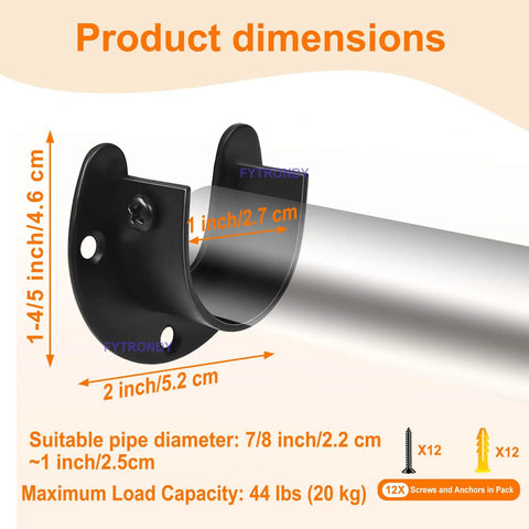 Stainless Steel Wardrobe And Shower Curtain Rod Bracket Set, U Shaped Open Socket Ends, 1 Inch Pole End Supports Flange, Heavy Duty Build, No Fuss Install, Durable Four Pack For Home Or Office Use, black wall bracket with 1-inch rod support