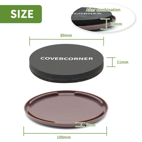 Eight Piece Two In One Furniture Sliders Set For Carpet And Hardwood Floors, Dual Mode Felt Sliders For Hardwood Scratch Proof And Plastic Sliders For Carpet Glide, Snap Covers In Seconds For Easy And Safe Moving showing felt pad and plastic base with dimensions.