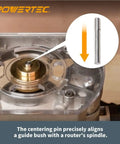 Close-up of the centering pin aligning a brass bushing in the Knockout Router Inlay Kit for precise woodworking.