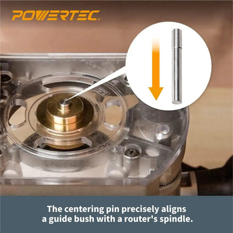 Close-up of the centering pin aligning a brass bushing in the Knockout Router Inlay Kit for precise woodworking.