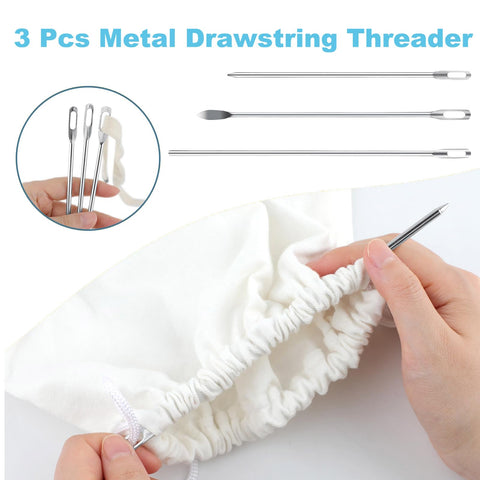 3 metal threaders from All In One 8 Piece Drawstring Threader Tool Set For Sewing Must Have Rope Threading Kit shown threading fabric