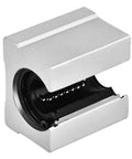 SBR16UU 16mm Aluminum Linear Ball Bearing Slide Block With Chrome Plated Rod For Cnc Machines And Diy Builds Hella Smooth Ride Rock Solid Crafted For Zero Lag Performance, showing open slide block with aluminum body.