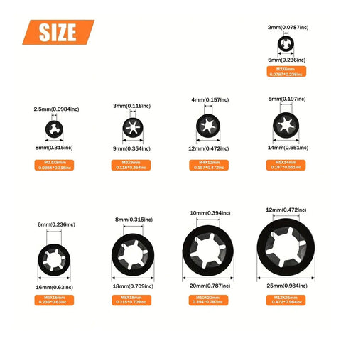 460 Piece Internal Tooth Star Lock Washer Assortment With 9 Sizes Spring Steel showing various metric sizes and dimensions.