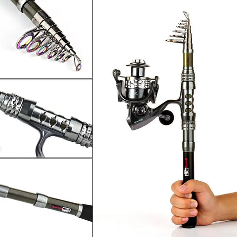 Travel Ready Telescopic Fishing Rod Combo With Spinning Reel And Carrier Bag Includes Lures And Line For Saltwater And Freshwater Angling Kit Grab And Go 1.8M Telescopic Pole For Easy Travel includes compact telescopic rod with spinning reel.