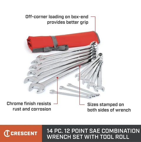 14 Piece 12 Point SAE Combo Wrench Set With Tool Roll Built For Hard Hitting, Pro Grade Strength From Crestoloy Alloy Steel, Off Corner Loading Stops Rounding, Sizes Marked On Both Sides, Nickel Chrome Shine, CCWS4