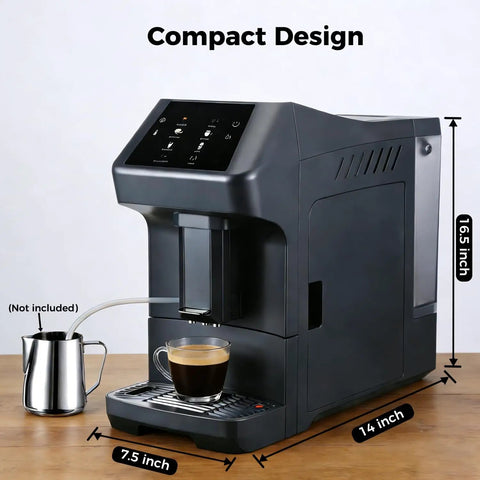 Zero Fuss Automatic Espresso Machine With Built In Grinder, 19 Bar Coffee Maker For That Daily Grind and Big League Cafe Quality Drinks Right At Home, featuring compact design and dimensions.