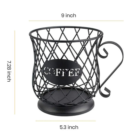 Matte black open-top design K Cup Holder Coffee Pod Organizer for 35 K Cups Keurig Storage on countertop with coffee signage.