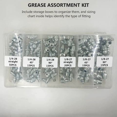 All In One Hydraulic Grease Nipples Kit 260-Piece Replacement Fittings Set With Durable Storage Case displayed in clear sections